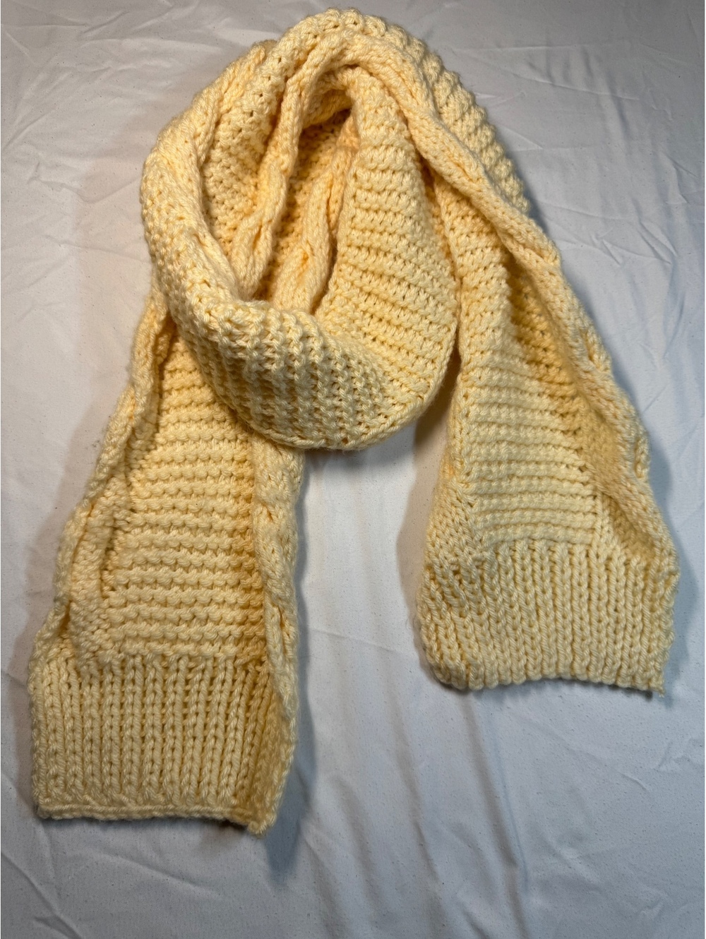 Chunky Pale Yellow Cable & Waffle Knit Winter Scarf